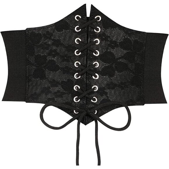 BLACK Leather Elastic Wide Stretch Belt Corset Top Halloween Cosplay Costume NWT - Picture 1 of 8